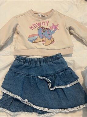 Rare Editions Cream 'Howdy' Sweatshirt with Denim Blue Skirt Set